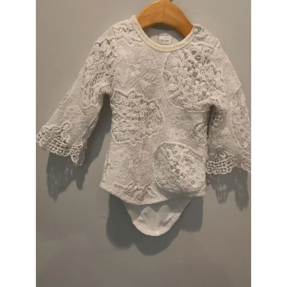 Baby Girl's Stylish Set, Lace Ruffle Romper & Flared Denim Jeans & Headband 3Pcs